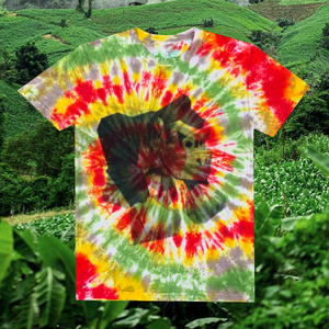red, yellow, brown, and green tie dye with a halftone monkey printed in the center