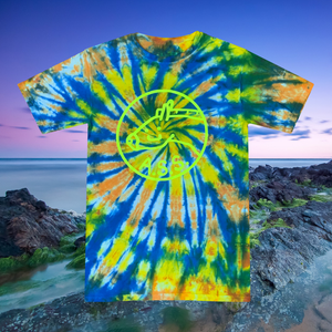 blue, green, yellow, and orange tie dye tee with the A.S.S. logo